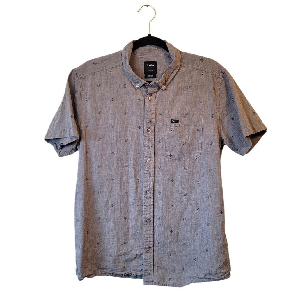 RVCA Men's Grey Embroidered Slim Fit Button Down Shirt Size L